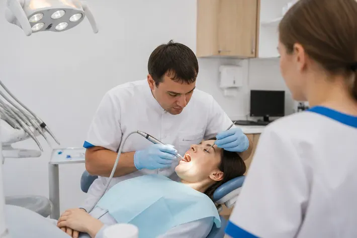 Орындықтағы қабылдау: жұмыс үстіндегі дәрігер, көмекшінің иығынан түсірілген сурет — «Бір тіске, алдыңғы және шайнау тістері» бөліміне иллюстрация