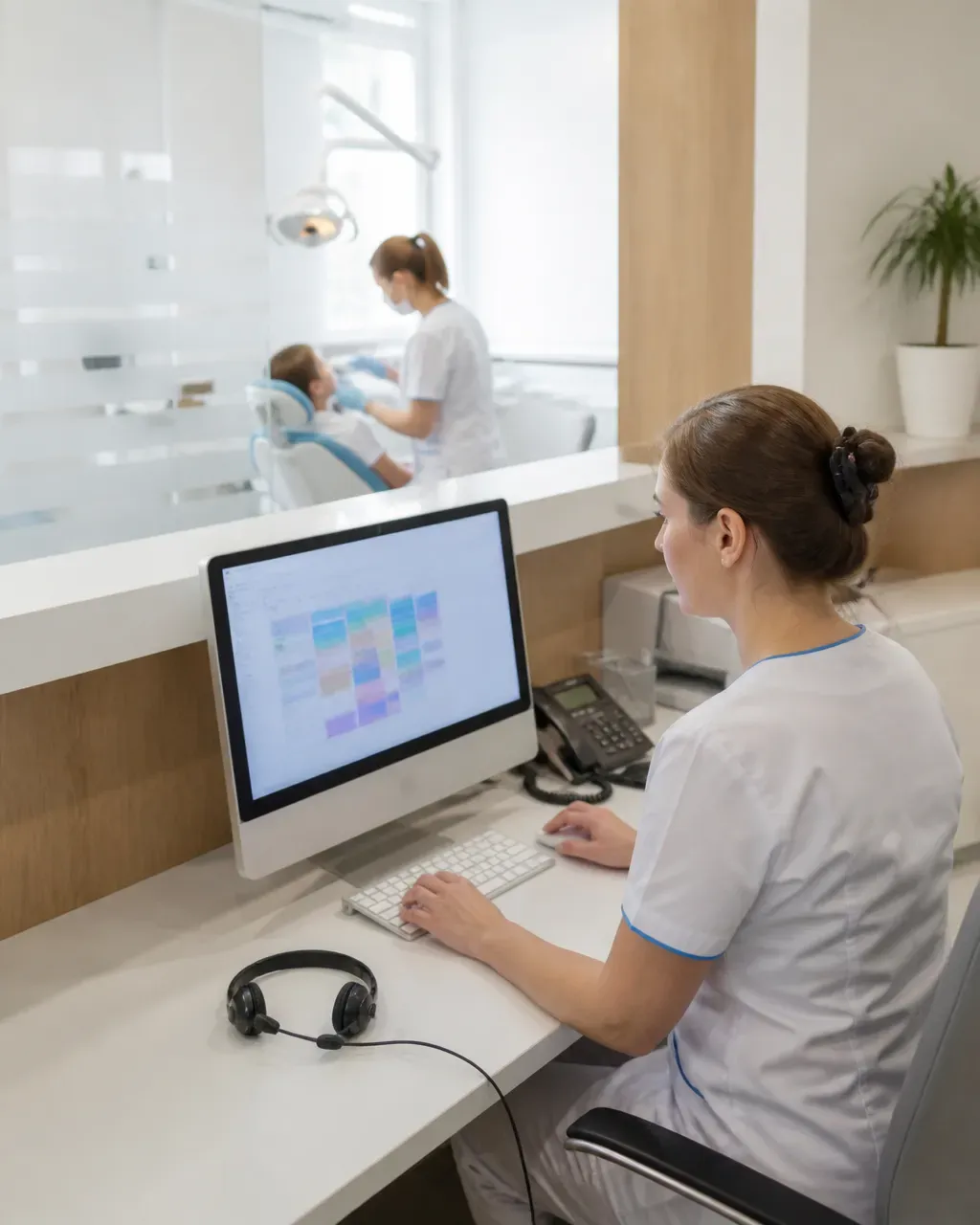 The clinic administrator answers patient messages at the front desk