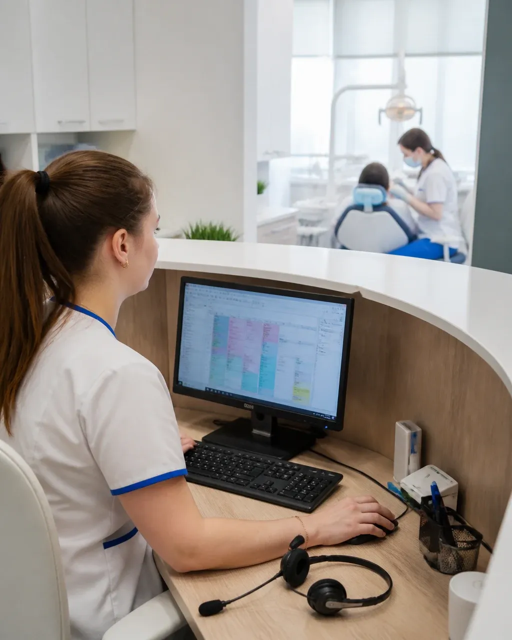 Администратор клиники отвечает на сообщения пациентов за стойкой регистратуры