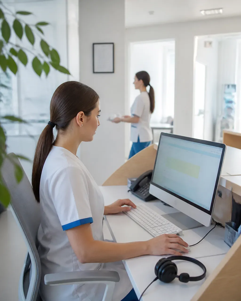 The clinic administrator answers patient messages at the front desk