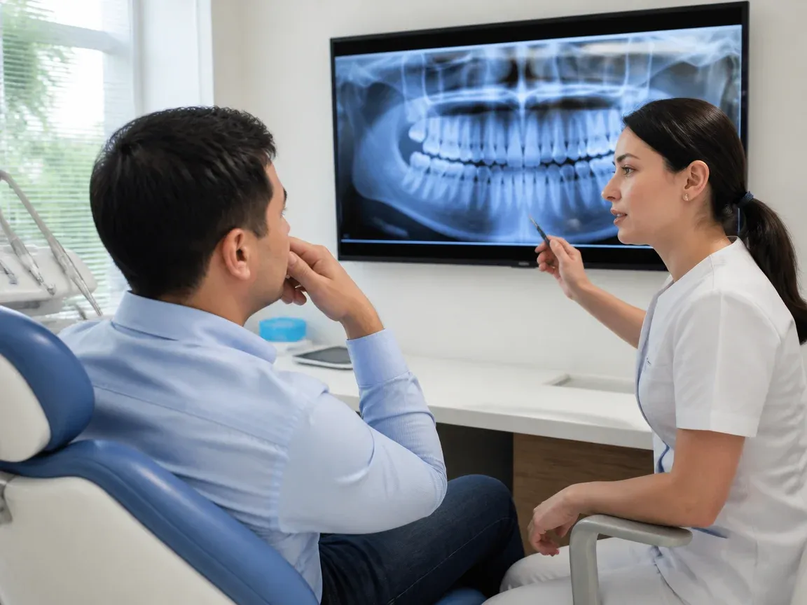 Consultation: dentist and patient looking at an X-ray on screen — illustration for the section "What is a temporary bridge and why is it needed during treatment"