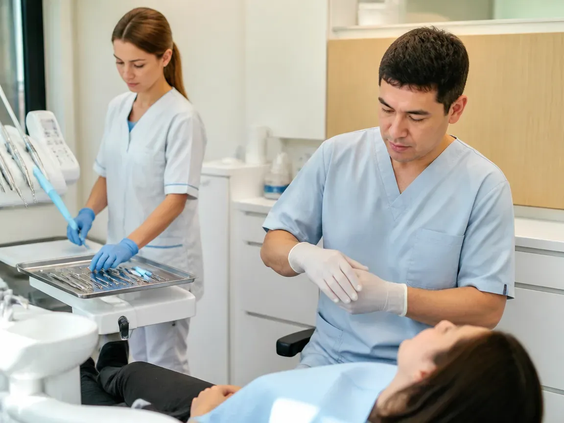 Preparation: the assistant lays out sterile instruments, the dentist puts on gloves — illustration for the section "How a dental bridge is placed: stages and timelines"