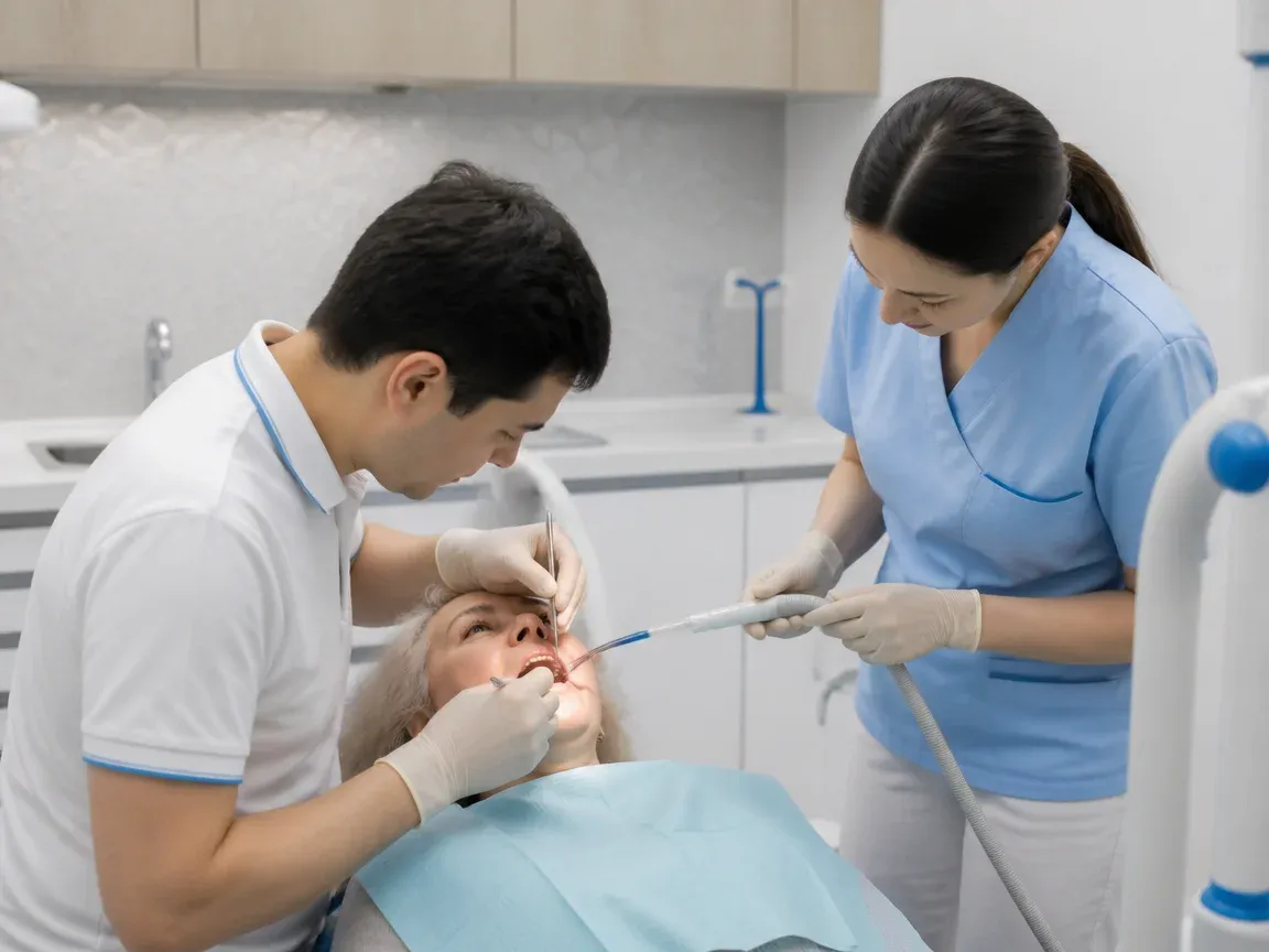 Follow-up visit: the dentist checks the result with a mirror while the assistant holds the saliva ejector — illustration for the section "Fitting and cementation of a dental bridge"