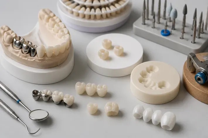 Instruments and materials for this type of treatment, laid out on a light surface — an illustration for the section "What types of dental bridges exist and how they fundamentally differ"