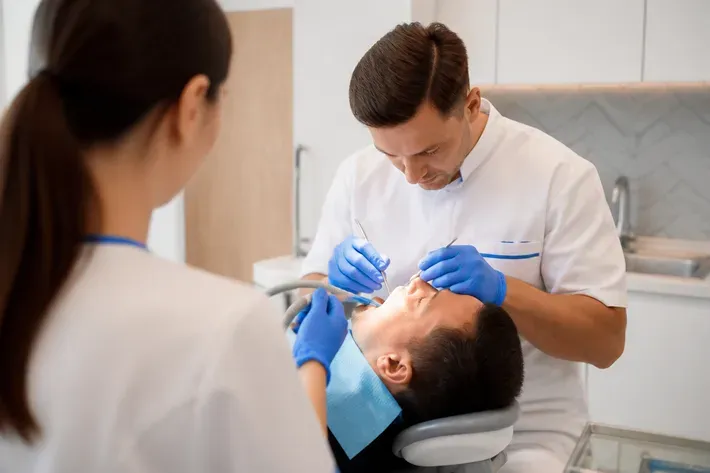 Chairside visit: dentist at work, over-the-shoulder shot of the assistant — illustration for the section "Can a bridge be placed on one tooth and what alternatives exist"