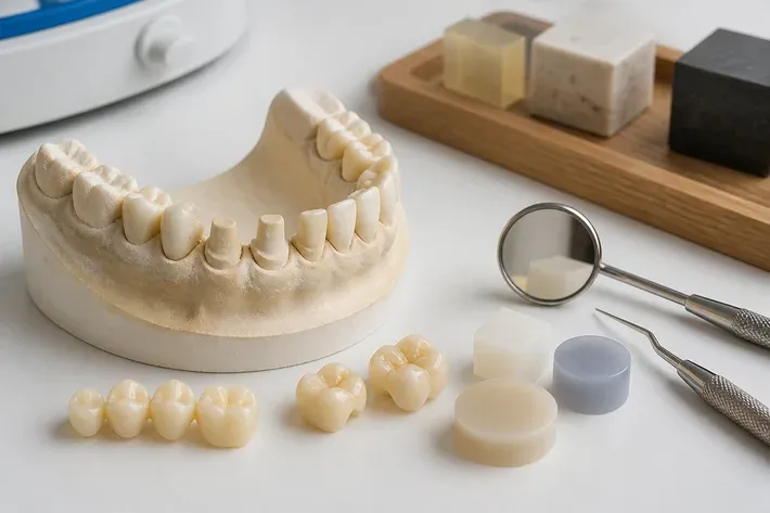 Dental model and material samples on the dentist's table next to the mirror and probe — illustration for the section "Implant-supported bridge as a separate type of restoration"