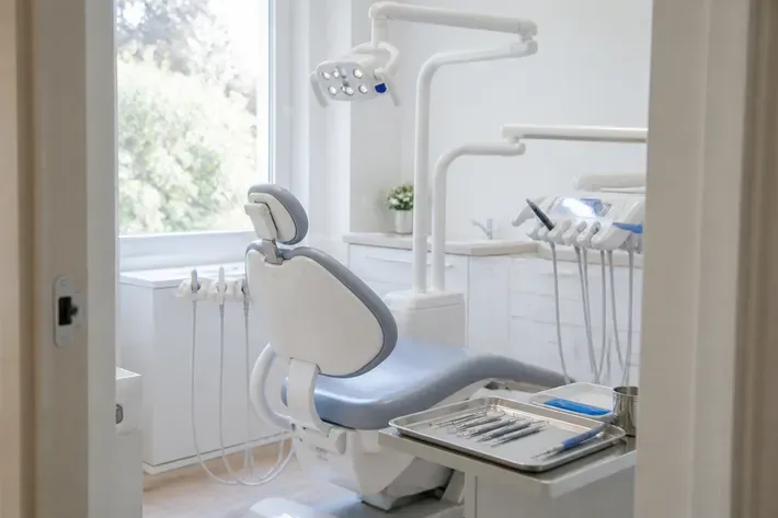 Treatment room prepared for an appointment: dental chair, lamp, and tray of instruments — illustration for the section "Crown materials for a dental bridge"