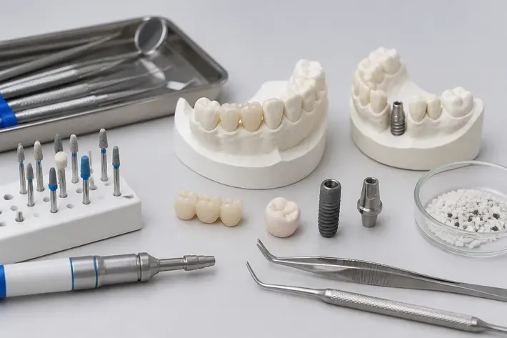 Instruments and materials for this type of treatment, laid out on a light surface — an illustration for the section “Bridge or implant: how the approaches differ”