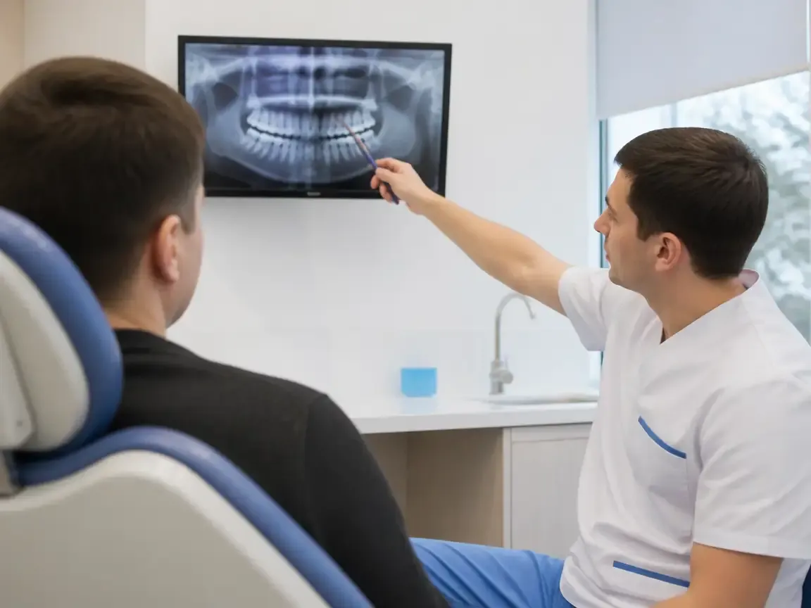 Consultation: doctor and patient at a screen with an X-ray — illustration for the section "How apical root resection is performed"
