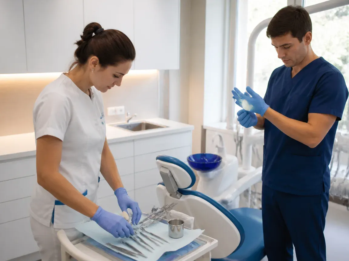 Preparation: the assistant lays out sterile instruments, the dentist puts on gloves — illustration for the section "Gingival pocket curettage: the essence of the procedure"