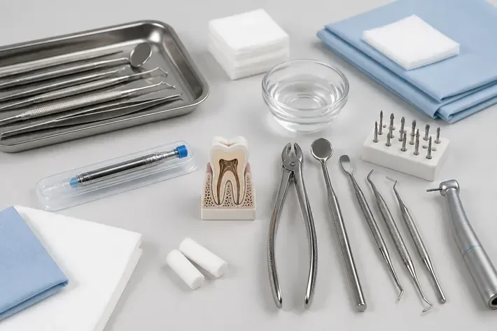 Instruments and materials for this type of treatment, laid out on a light surface — an illustration for the "Root-end resection" section