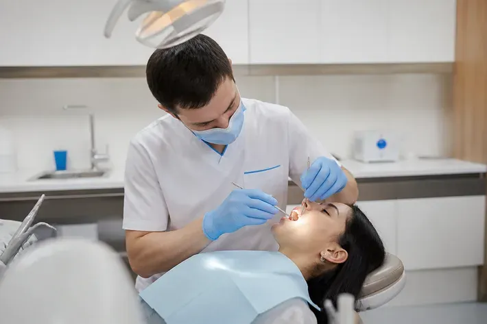 Chairside visit: dentist at work, over-the-shoulder shot of the assistant — illustration for the section "Gingival pocket curettage"