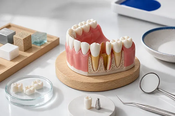 A jaw model and material samples on the dentist's table next to a mirror and probe — an illustration for the "Hemisection" section