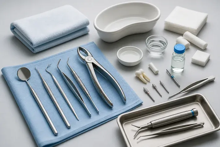 Instruments and materials for this type of treatment, laid out on a light-colored surface — an illustration for the section "Coronary reimplantation"